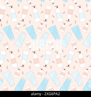 Hair styling products seamless pattern. Bottles of gel, clips and shampoo repeat pastel colors background. Vector outline illustration. Stock Vector
