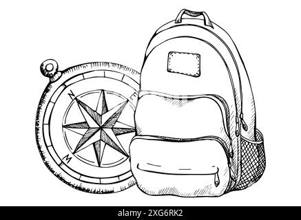 Tourist accessories, vintage leather backpack rucksack bag, travel navigation compass, wind rose. Vector ink hand drawn art. Design for tourism Stock Vector