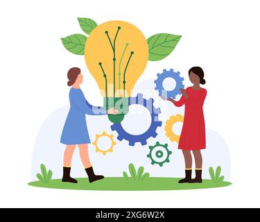Eco friendly sustainable solution development process, digital project of green energy and idea of waste recycle. Tiny people holding light bulb with green leaf and gear cartoon vector illustration Stock Vector