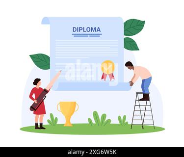 Certificate of qualification, high school, college and university graduation, award of success achievement. Tiny people holding pen and rolled paper diploma scroll cartoon vector illustration Stock Vector