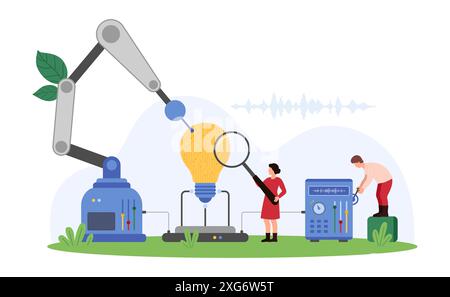 Development of digital creative project using AI technology, future tech innovation. Tiny people with magnifying glass, lab equipment and robotic arm build light bulb cartoon vector illustration Stock Vector