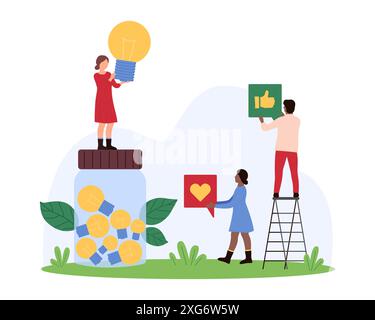 Customer review to blogger content, innovation project in social media. Tiny people collect light bulbs in jar, give positive feedback, likes and comments to creative idea cartoon vector illustration Stock Vector