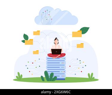 Secure cloud data platform, system infrastructure with firewall to access and store folders of information. Tiny woman sharing files over network, work with database cartoon vector illustration Stock Vector