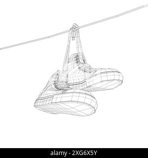 Wireframe Sneakers hanging from a rope on the white background. Vector illustration. 3D. Stock Vector