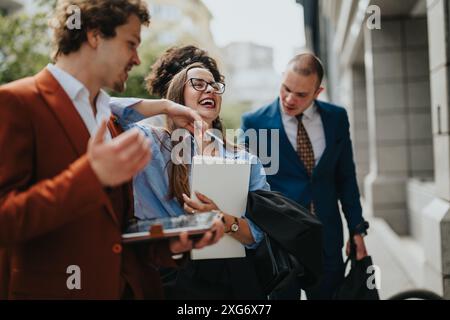 Young professionals having a lively conversation outdoors during a business break Stock Photo
