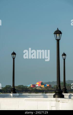 Bio museum view from Las Bovedas Promenade in French Plaza, Old Town (Casco Viejo), Panama City, Panama - stock photo Stock Photo