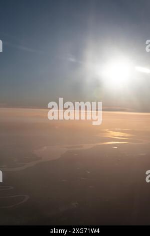 Aerial view at sunset of the 70-kilometre estuary of the Kanamaluka (its official name) Tamar River in northern Tasmania of  Australia. The Tamar river Stock Photo