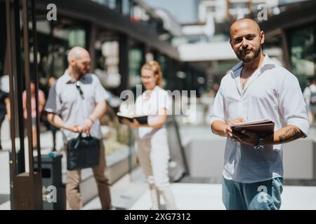 Business professionals collaborating in urban city environment during a sunny day Stock Photo