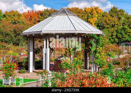 Domed gazebo is surrounded by a ornamental garden. Autumn park is full of colorful flowers and plants Stock Photo