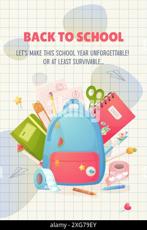 Back to school. A funny joke card for the beginning of school. Cartoon backpack and stationery accessories vector Stock Vector