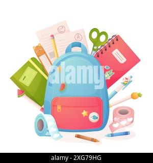 Concept, backpack with school stationery, pens, notebooks. Isolated cartoon illustration. vector Stock Vector