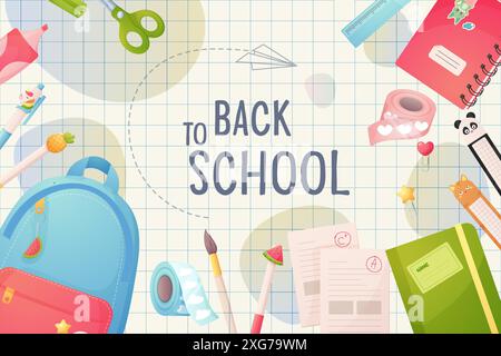 Back to school. Template, poster banner. Cartoon backpack and school supplies, frame. Vector Stock Vector