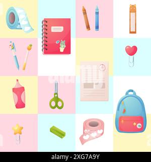 Seamless pattern, school supplies. Cartoon, vector. back to school square vector Stock Vector