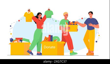 People donate concept. Men and woman with cardboard boxes send clothes and toys to orphanage. Generosity and kindness. Charitable foundation Stock Vector