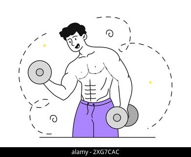 Bodybuilder with dumbbells. Pumped up man with dumbbells in hands training. Active lifestyle and sports. Sportsman and athlete lifts weights. Finess Stock Vector