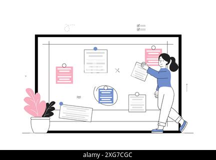 Woman with scrum board. Girl near list of goals and tasks. Organizing efficient workflow and time management. To do lists and sticky notes. Linear Stock Vector