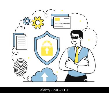 Man with file security. Young guy in sunglasses near folders with documents. Electronic storage and archive. Safety and security on internet, personal Stock Vector