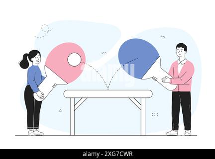 People play table tennis. Man and woman with large rackets hitting ball. Ping pong competition. Athletes at tournament. Active lifestyle and sports Stock Vector