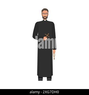 Catholic priest in black costume standing, man holding holy cross vector illustration Stock Vector