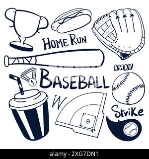 Baseball drawing vector hand drawn baseball sports scribble vector. baseball doodles Stock Vector