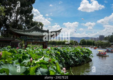 Kunming, China's Yunnan Province. 7th July, 2024. Visitors on boats enjoy lotus flowers at Daguan Park in Kunming, southwest China's Yunnan Province, July 7, 2024. Credit: Hu Chao/Xinhua/Alamy Live News Stock Photo