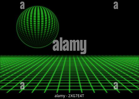 3d grid from the 80s with a hovering sphere above mapped with Won symbols. Stock Photo