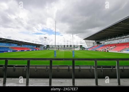 Eccles, UK. 07th July, 2024. A general view of the Salford Community Stadium ahead of the Betfred Super League Round 16 match Salford Red Devils vs Hull FC at Salford Community Stadium, Eccles, United Kingdom, 7th July 2024 (Photo by Cody Froggatt/News Images) in Eccles, United Kingdom on 7/7/2024. (Photo by Cody Froggatt/News Images/Sipa USA) Credit: Sipa USA/Alamy Live News Stock Photo