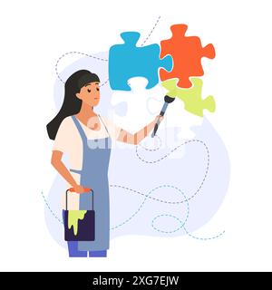 Female character painting puzzles in different colors, personality creativity vector illustration Stock Vector