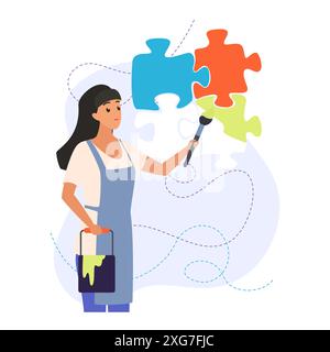 Female character painting puzzles in different colors, personality creativity vector illustration Stock Vector