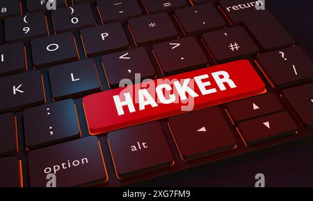 Hacker key on the keyboard. Hacker key on the keyboard. Close-up computer keyboard. One key is red with the word hacker. Cyber crime, computer, networ Stock Photo