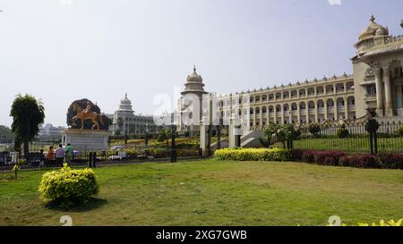 Bangalore, India - January 16 2024: Stunning view of amazing Vidhana Soudha. Famous landmark that houses the Secretariat and the State Legislature. Stock Photo