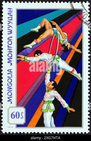 MONGOLIA - CIRCA 1974: A stamp printed in Mongolia from the 'Mongolian Circus (2nd series)' issue shows Acrobats Stock Photo