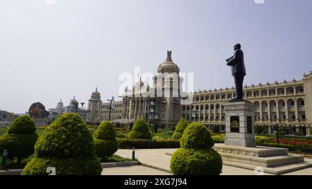 Bangalore, India - January 16 2024: Ambedkar statue with Stunning view of amazing Vidhana Soudha. Stock Photo