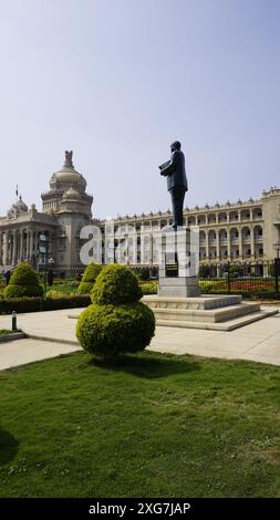 Bangalore, India - January 16 2024: Ambedkar statue with Stunning view of amazing Vidhana Soudha. Stock Photo