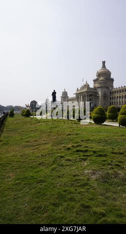 Bangalore, India - January 16 2024: Ambedkar statue with Stunning view of amazing Vidhana Soudha. Stock Photo