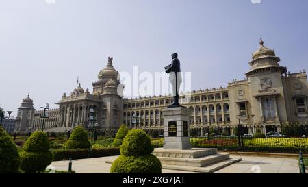 Bangalore, India - January 16 2024: Ambedkar statue with Stunning view of amazing Vidhana Soudha. Stock Photo