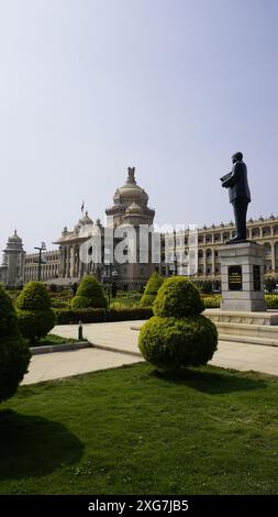 Bangalore, India - January 16 2024: Ambedkar statue with Stunning view of amazing Vidhana Soudha. Stock Photo