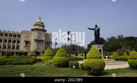 Bangalore, India - January 16 2024: Ambedkar statue with Stunning view of amazing Vidhana Soudha. Stock Photo