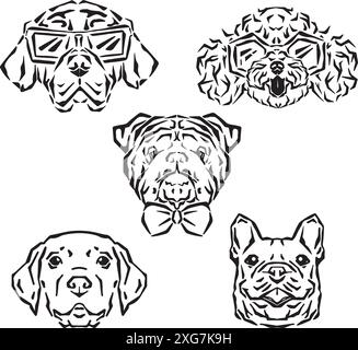 Dog breed faces set isolated on white background. Stock Vector