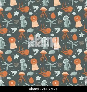 Underwater world seamless pattern. A variety of stylized sea life including jellyfish, fish, starfish, seashells with coral, and sea plants. Vector ha Stock Vector
