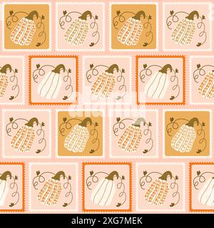 Holiday decorated pumpkin checked seamless pattern. Bento box autumn harvest repeat background. Halloween retro stamps endless design. Vector hand dra Stock Vector