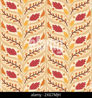 Autumn leaves seamless pattern. Fall forest braiding repeat background. Vector hand drawn illustration. Stock Vector
