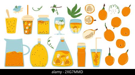 Sweet granadilla products set. Tropical fruit, juice, sorbet and jam clipart. Homemade passiflora food collection. Vector illustration isolated on whi Stock Vector