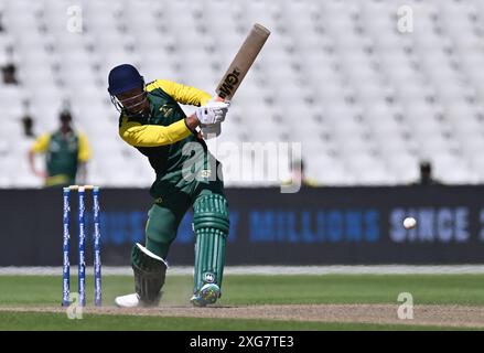 Edgbaston, Birmingham, UK. 7th July, 2024. World Championship of Legends T20 Cricket League, West Indies Champions versus South Africa Champions; Dane Vilas of South Africa plays the ball back down the ground Credit: Action Plus Sports/Alamy Live News Stock Photo