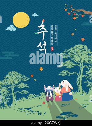 Korean Thanksgiving event design. A rabbit family looking at the full moon in the forest on an autumn night. Stock Vector