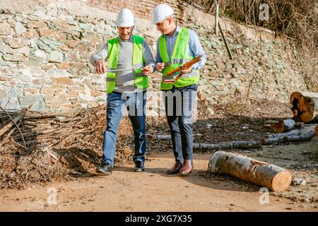 Two construction workers in hard hats and safety vests walk past a pile of logs and a stone wall on a dirt path. They are working on a project at a co Stock Photo