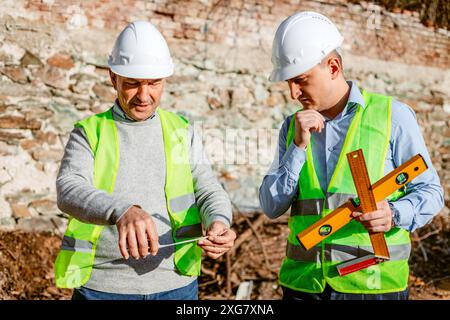Two construction workers stand on a construction site, wearing hard hats and safety vests. One worker holds a level and a tape measure while the other Stock Photo