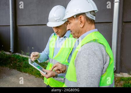 Two construction workers wearing hard hats and safety vests are standing outside a building and reviewing plans on a tablet. Stock Photo