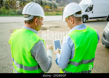 Two construction workers wearing hard hats and safety vests stand on a construction site and review plans on a tablet. Stock Photo