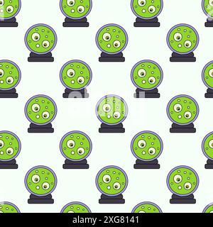 Seamless pattern with Green Magic Ball with eyes. Mystic symbol. Halloween concept background. Vector Flat illustration. Stock Vector